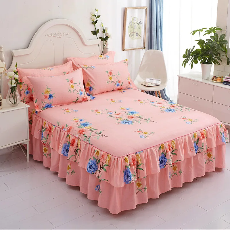 Bed Skirts Set Double Layer Bedspread Floral Printed Bed sheet Bilateral Bed Skirt + 2 Pair Of Pillowcase bedsheets