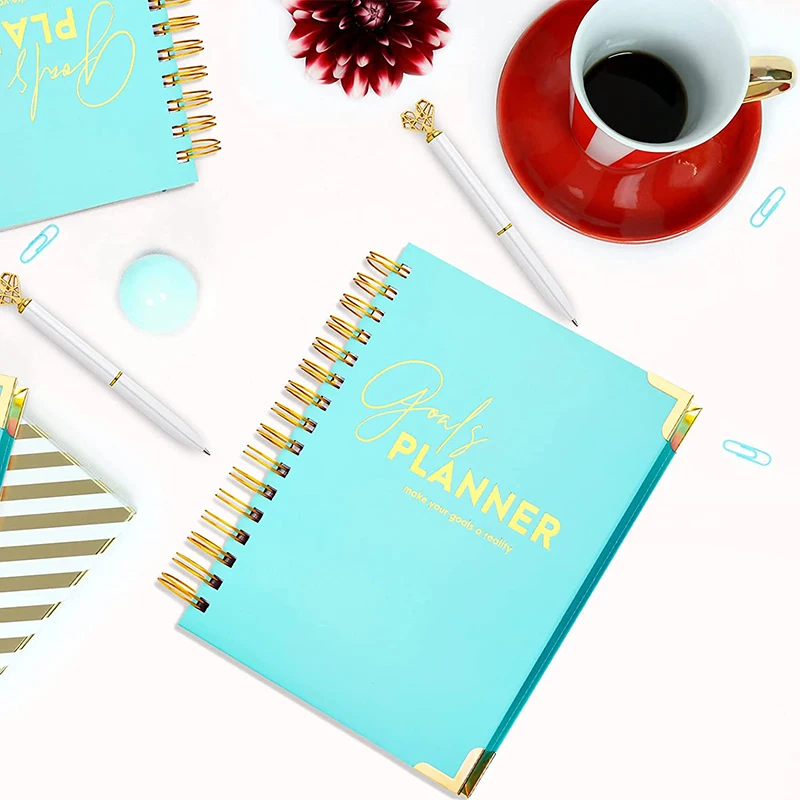 Popular fashion style gold spiral hardcover metal corner A5 journal printing custom budget planner 2025 with tab pages