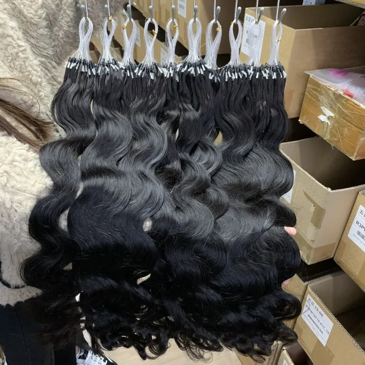 Raw Indian Body Wave micro loop human hair extensions natural wave loose curly micro loop ring hair extensions