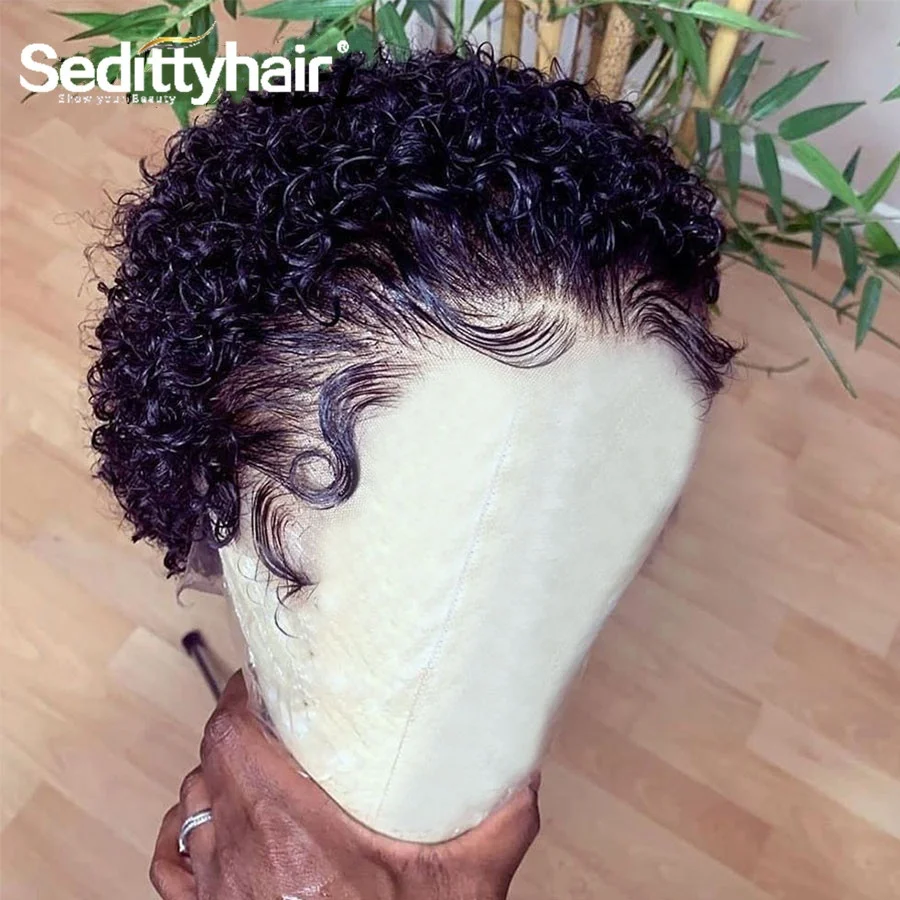 Pixie Cut Wig Preplucked Bob Lace Part afro Wigs Short Curly lace frontal bouncy curly human hair wig