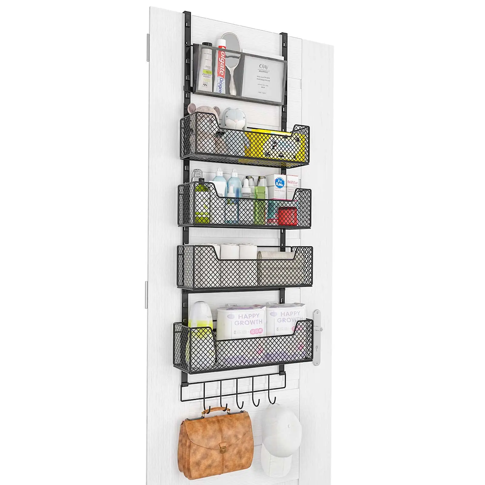 5 Tier Heavy-Duty Storage Bag Behind Doors Wall Hanging Organizer Metal Over The Door Pantry Organizer With 4 Baskets