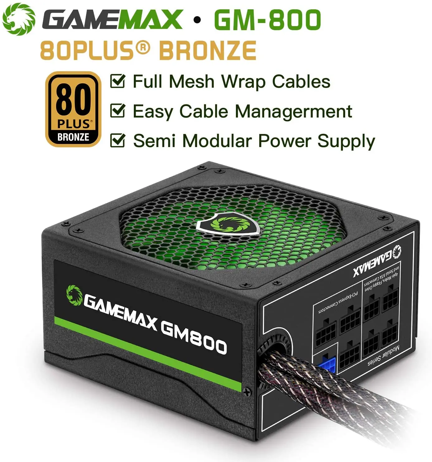 GameMax GM-800 computer power supply for Gaming PC, 80+ APFC bronze, semi-modular