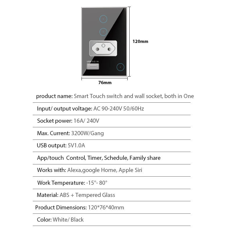 Brazil 120*76mm Wall Socket & Switch Both in One Supporting Mobile Phone/Voice Control and Timer Switch and Scene Linkage