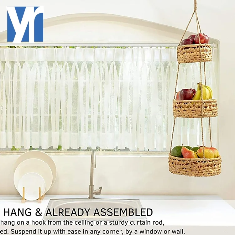 Best Selling Natural Materials Hand-woven Fruit Baskets Eco friendly Water Hyacinth 3 tier hanging  fruit Storage Basket