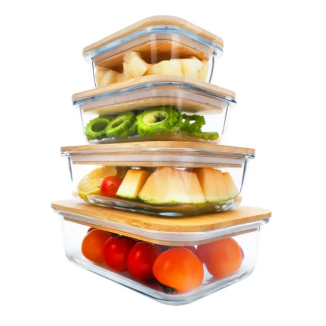 High Borosilicate Rectangular storage container set food Lunch Box Glass Prep Containers With Bamboo Lid