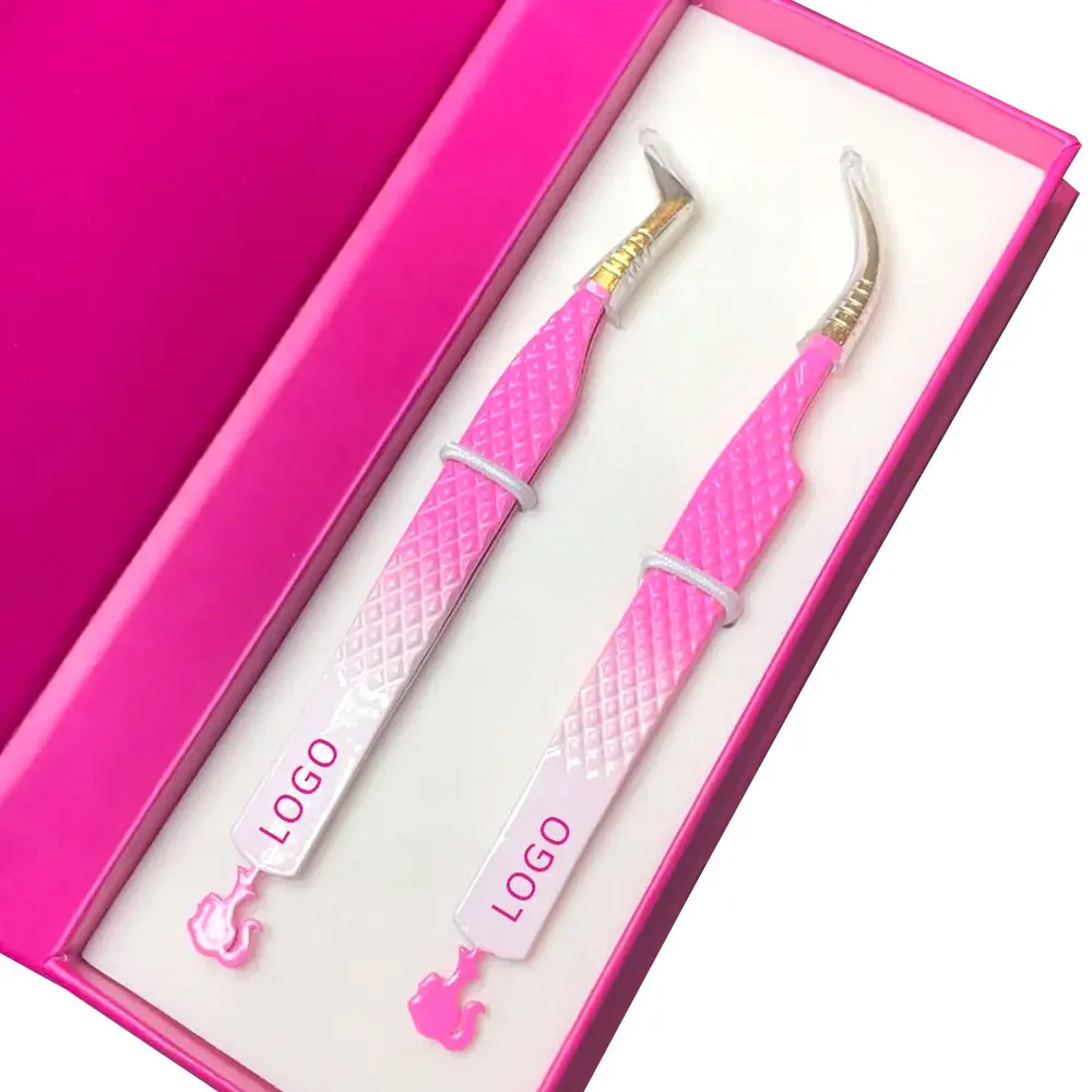 Pink Fiber Tip Tweezers Stainless Steel Volume Diy Cluster Lash Extension Tweezers Eyelash Tweezer Set With Fiber Grip