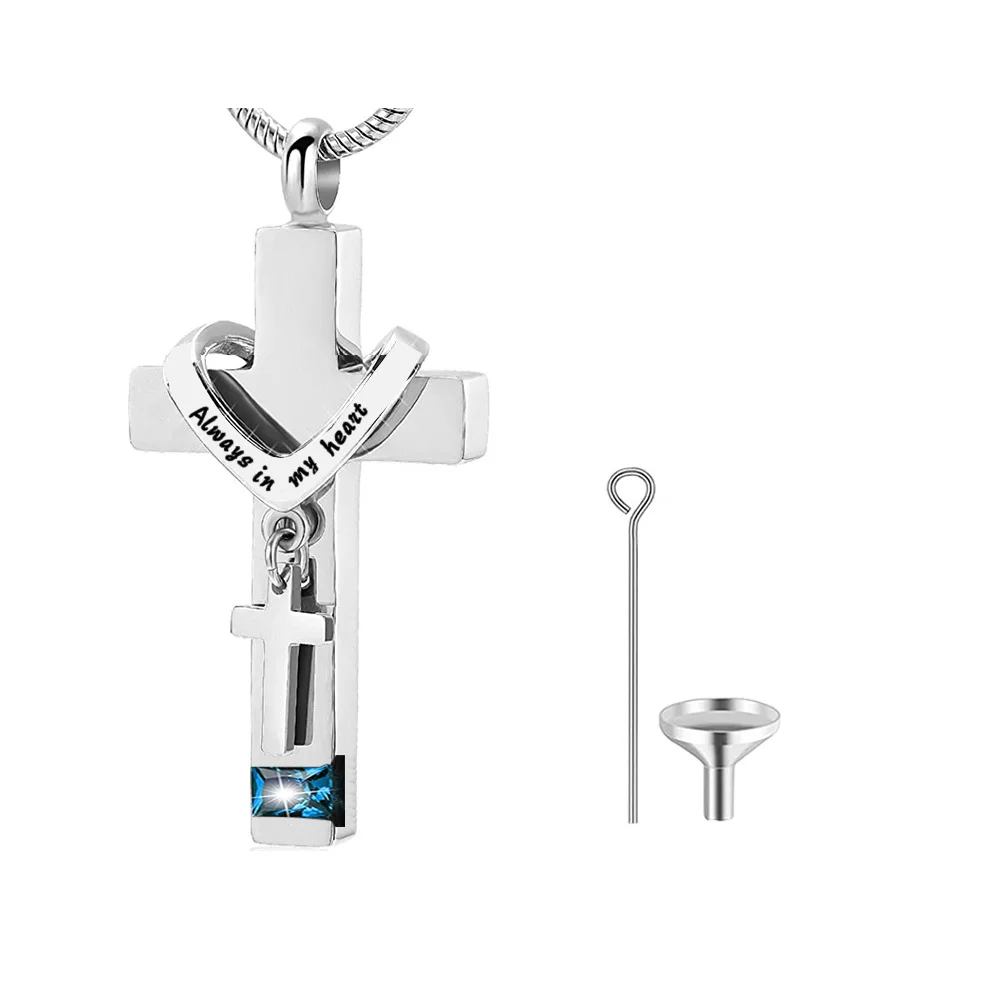 Memory Keesakes Jewelry Stainless Steel Casket Birthstone Ash Pendant Cross Cremation Urn Necklace for Ashes