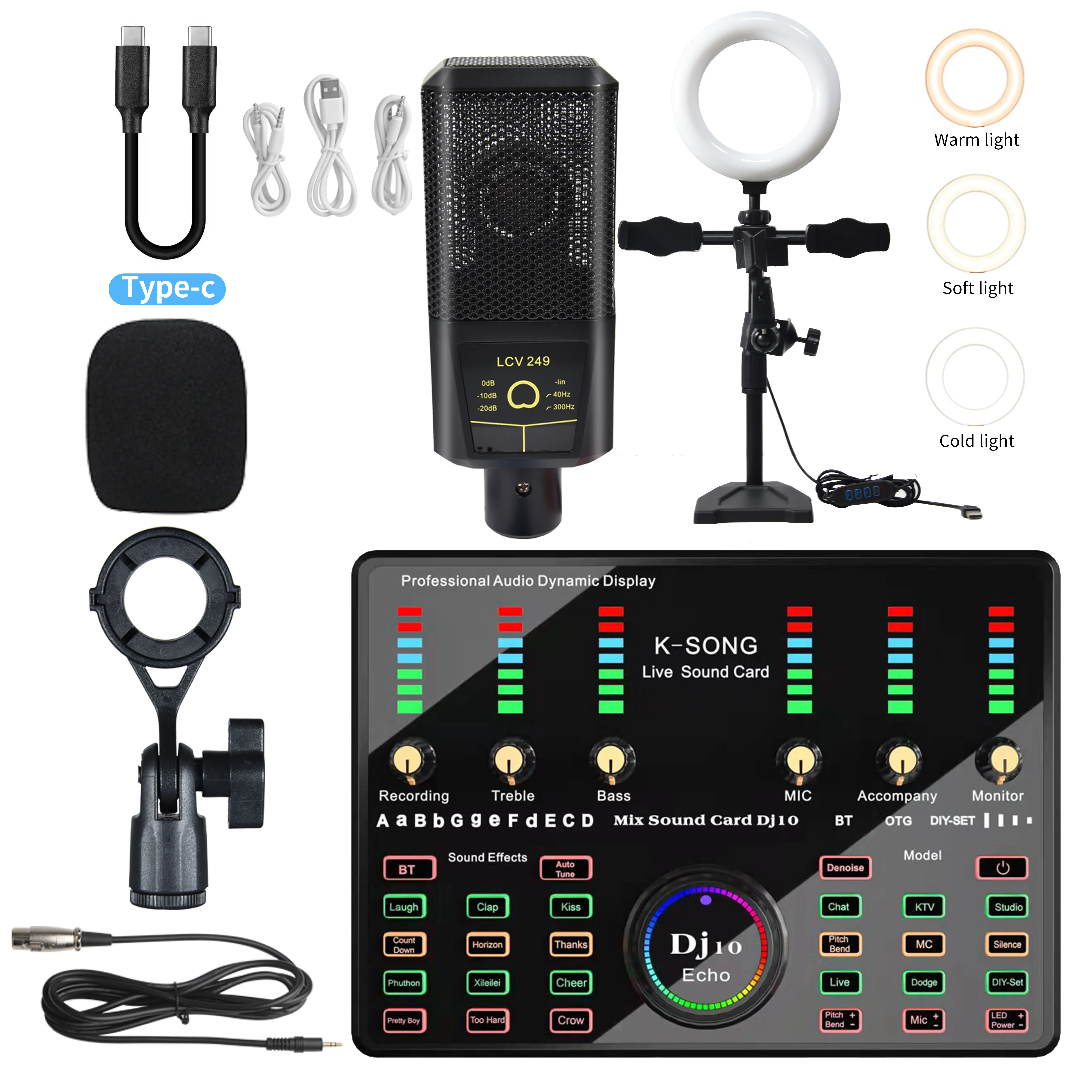 Karaoke Equipment Sound Card Mixer Set Voice Changer with Condenser Microphone Interface Audio Studio External Sound Card