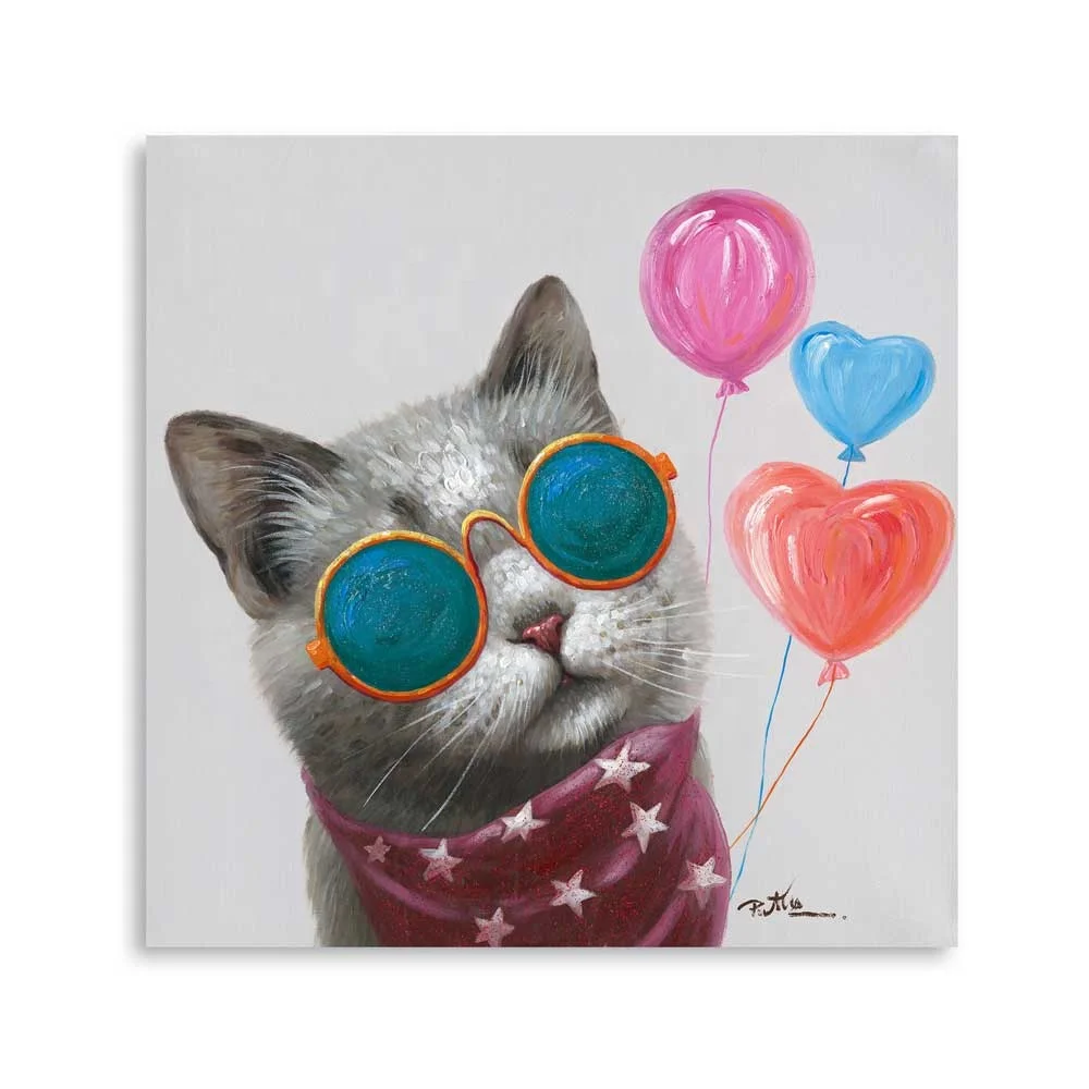 Artree Custom Funny Cute For Kids With Balloon Stretched Hand Wall Art Canvas Whimsy Animal Cat Oil Painting