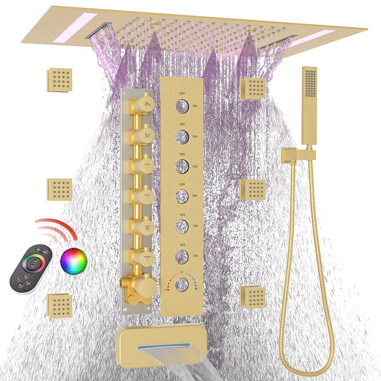 Bathroom LED Shower System Large Waterfall Rainfall Shower Panel with Square Body Spray Jet