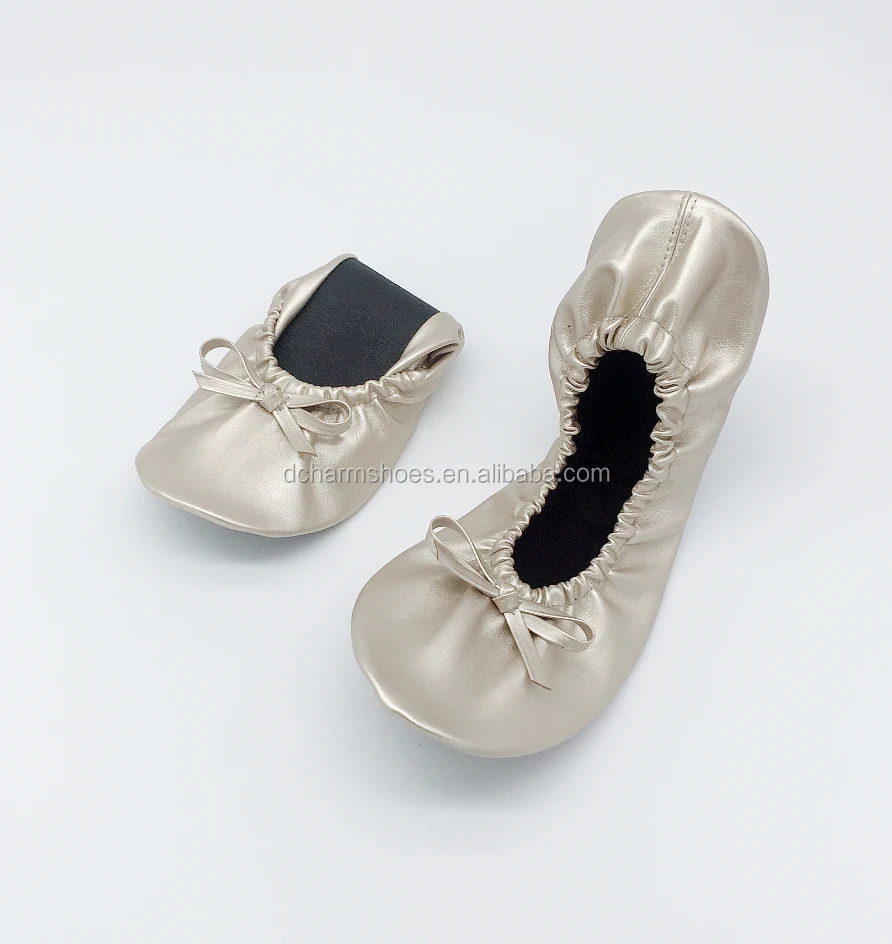 OEM Wholesale lady roll up ballet flats golden foldable ballerina flats for wedding gift