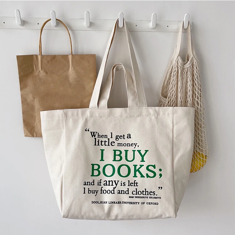 High quality Reusable Blank Custom Print Logo Cotton Large Shopping White Canvas Tote Bag With Pocket And Zipper
