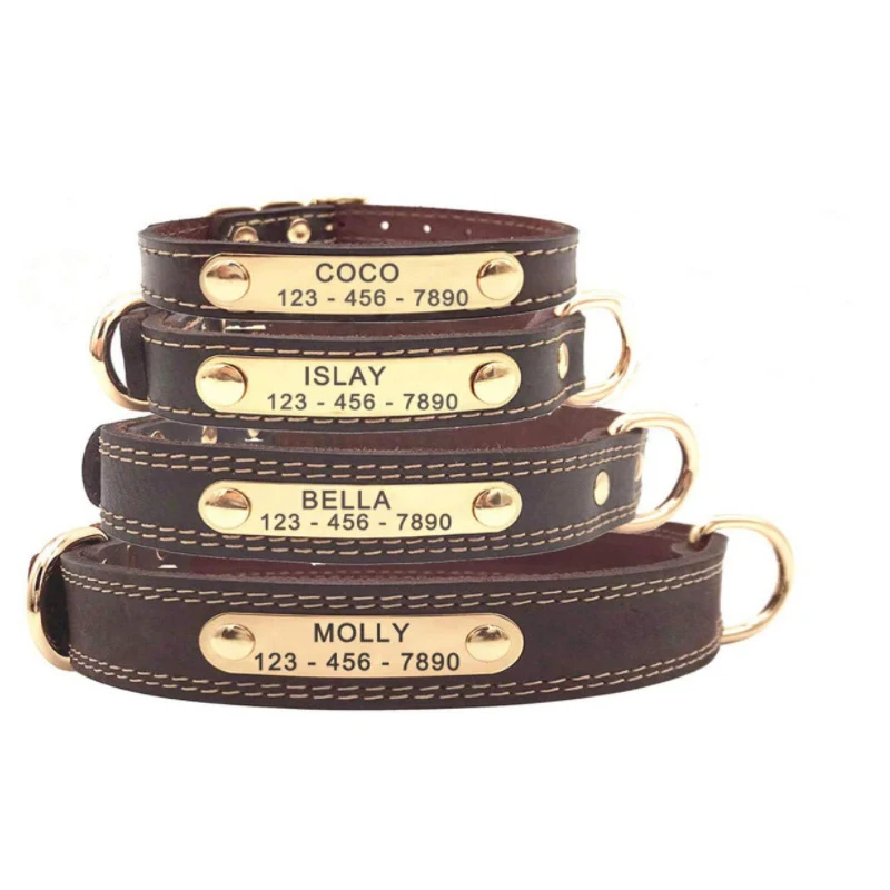 Custom Personalized Cowhide Leather Dog Collar with Engraved Nameplate Premium Pet Collars