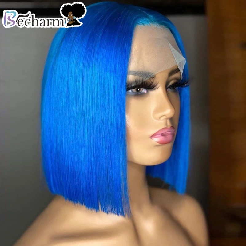 
Cheap Price 50% OFF Black Friday Bule Colored Short Bob Wig With Pre Plucked Baby Hair Remy Brazilian Lace Front Bob Wigs 