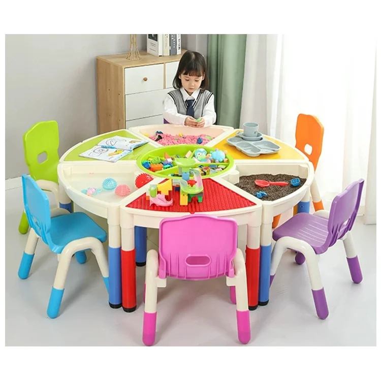 new arrival Kids Indoor Play Toy sets multifunctional round Plastic Blocks Desk And Chair Amusement game