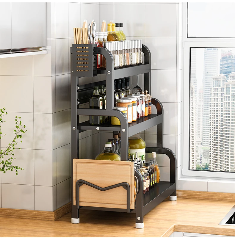Multifunctional Three-Tier Standing Kitchen Rack Metal Shelf Spice Storage Seasoning Organizer Plastic Iron Bathroom Accessories