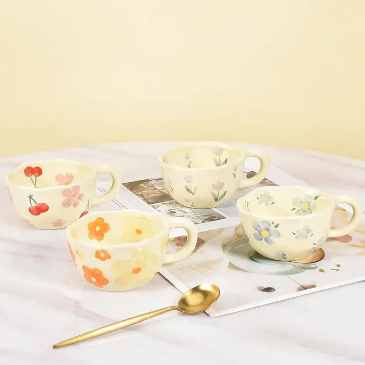 Ins Korea Irregular Hand Painted Flower Coffee Mug, Creative Ceramic Milk Water Cup, cappuccino Cup for hotel Office