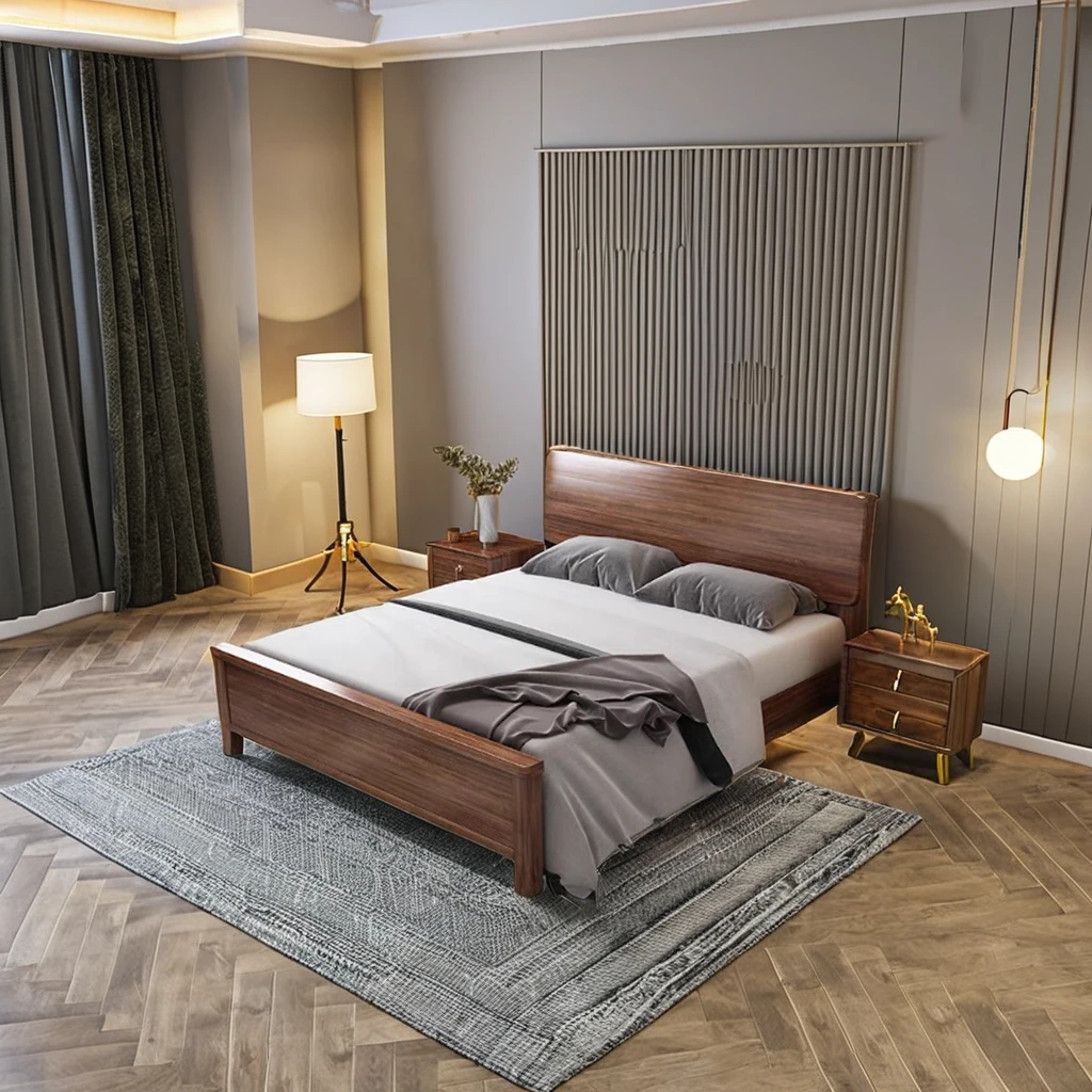 Scandinavian Walnut Solid Wood Bed Modern 1.2 Meter Double Bed for Small Households and Children for King Size Bedroom