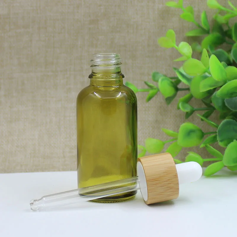 5-100ml Olive Green Essential Oil Dispenser Glass Bottle Cosmetic Beauty & Skincare Bamboo Ring Dropper Bottles with Rubber Tip