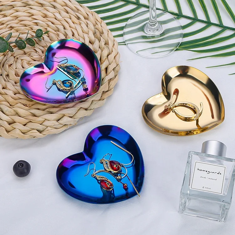 Ins Popular Rose Gold Colorful Metal Stainless Steel Plate Mini Heart Shaped Jewelry Packaging Trays