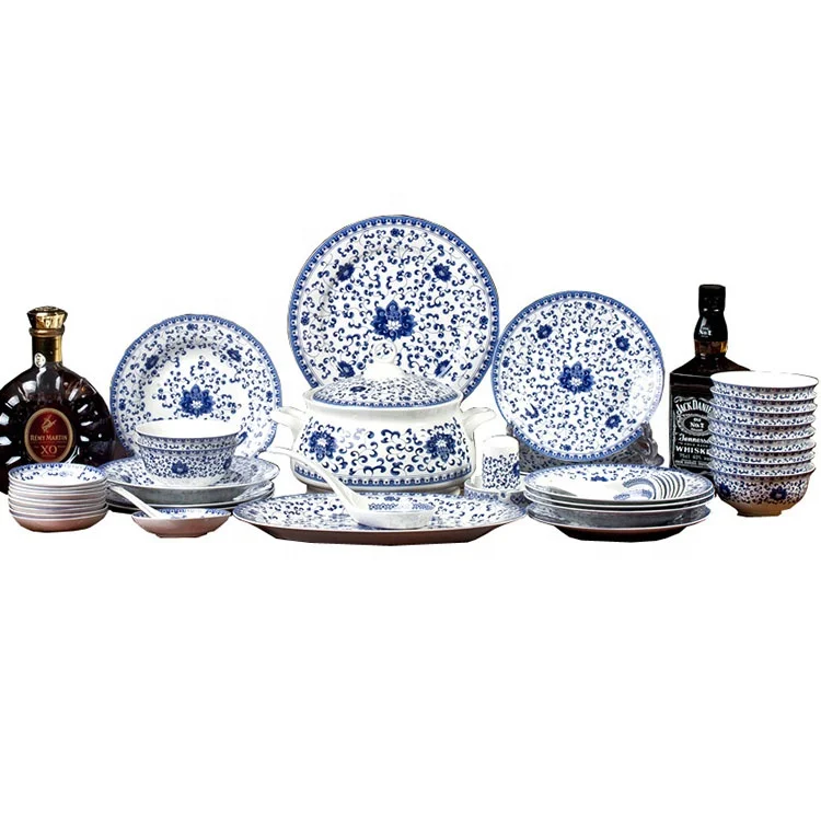 Оптовая продажа сине-белый фарфоровый набор посуды Jingdezhen антикварные тарелки наборы керамический ужин