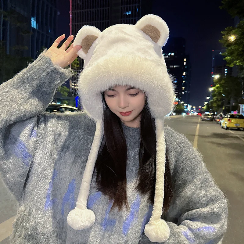 Autumn and Winter New Version Cute Thickened and Warm Female Little Bear Ear Plush Hat Women Ear Protector Hat