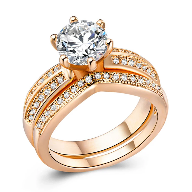 Fashion Couple Rings Round Brillant Cut Bridal Ring Set Engagement Setting Gold Wedding Ring Set