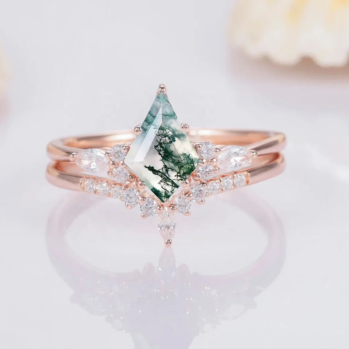 925 Sterling Silver Vintage Kite Cut Moss Agate Diamond Engagement Ring Set 14k Rose Gold Green Moss Agate Wedding Bridal Set
