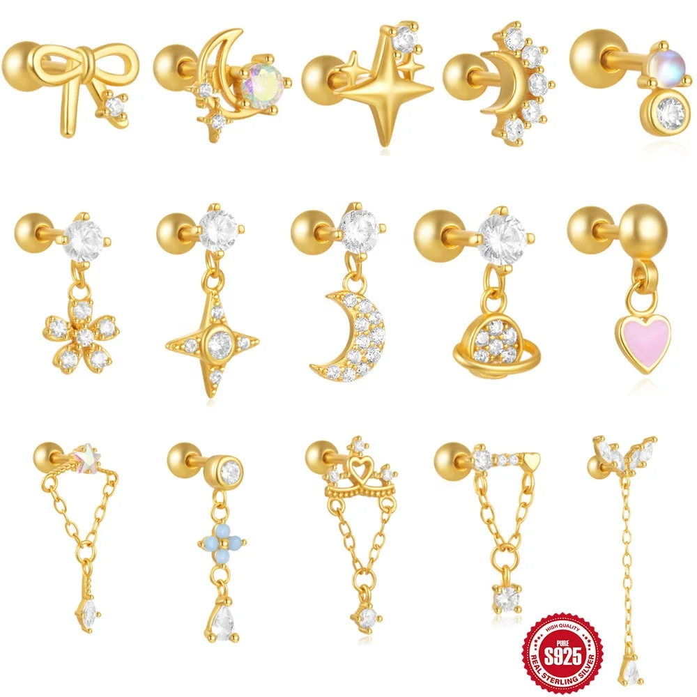 Glowluxe Piercings 925 Sterling Silver Moon & Star Zircon Ear Bone Nail Gold Plated Stud Earrings