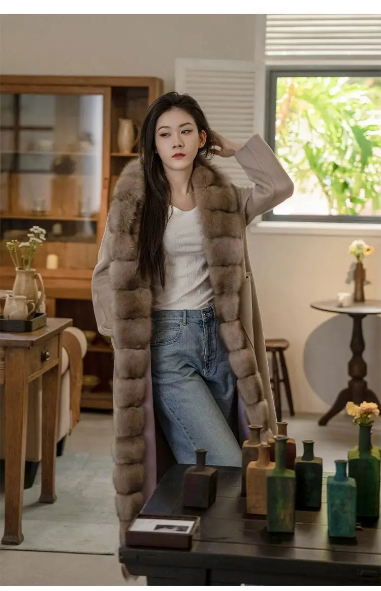 Factory Custom Fashion Luxurious Winter Lady Real Mink Fur Wool And Cashmere Double Sided Fur Coat