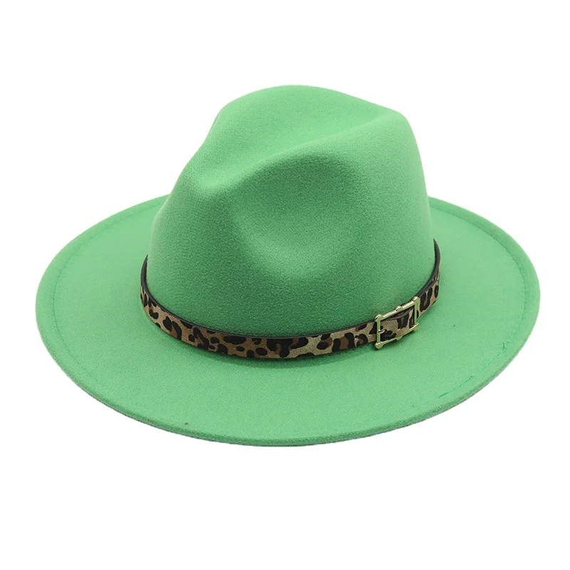 2021 New Manufacturer Custom Wool Blue Fedora Hats Big Wide Brim Men Kids Women Leopard Fedora Felt Hat Green Ladies Stylish2021