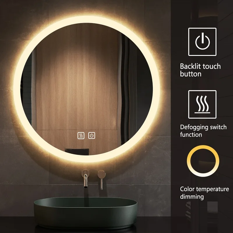Round smart backlit led mirror with touch switch for bathroom