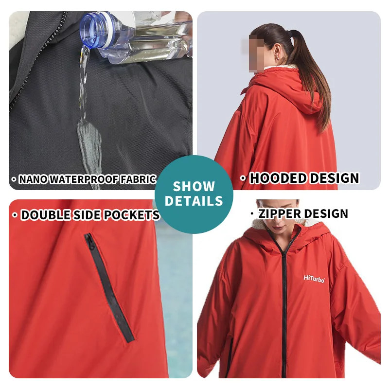 Waterproof Surf Changing Robe Outdoor Beach Surfing Pool Sherpa Lamb Hooded Cloak