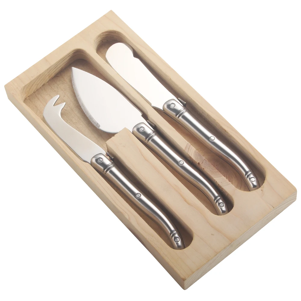 Hot sale promotional 3pcs small size  durable stainless steel handle  cheese knife set with pine wood case packing