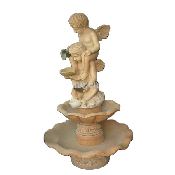 Outdoor Garden Decoration Pink Marble Little Angel Statue Water Fountain