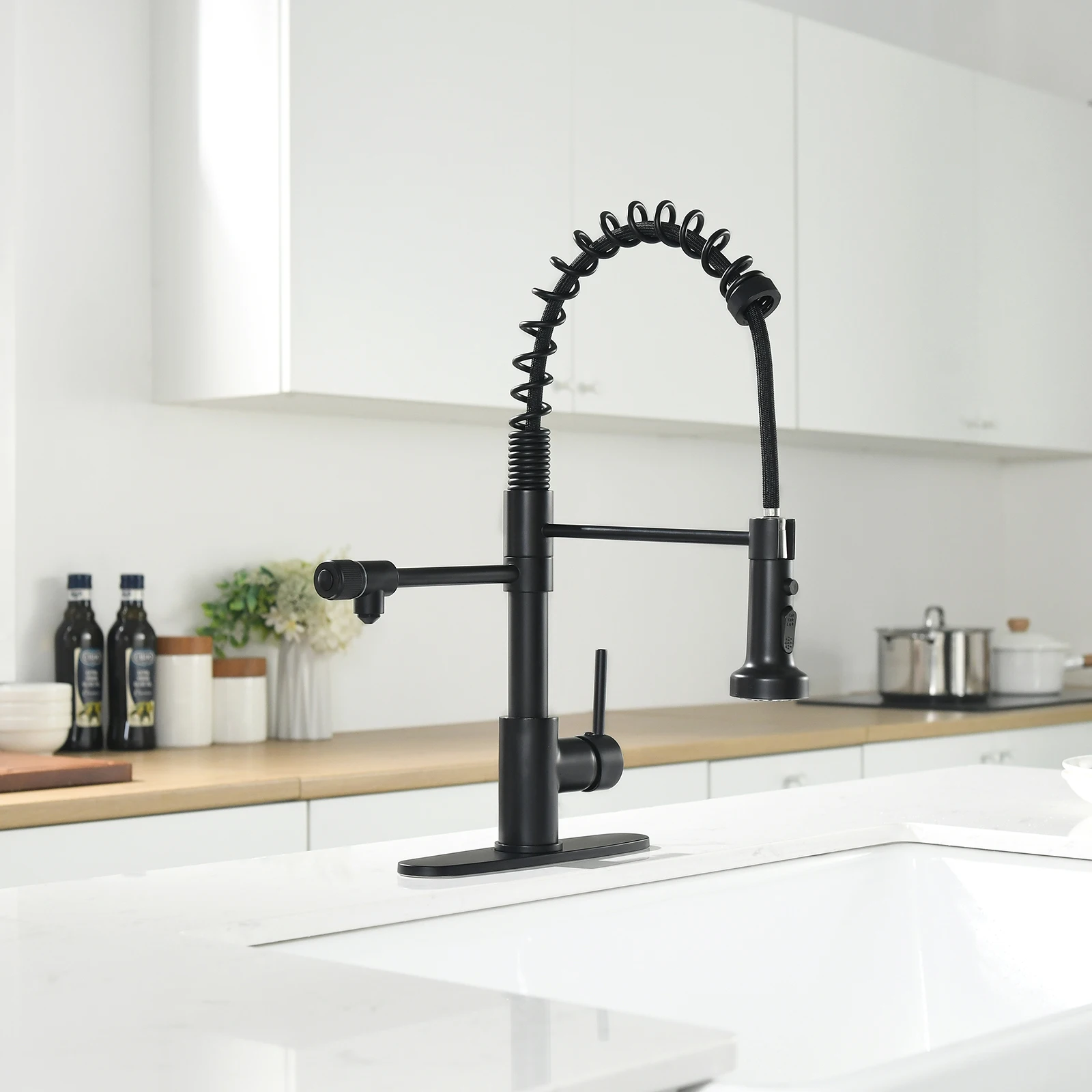Hot and Cold Water Black Kitchen Sink Mixer Tap Faucet Pull Down Sprayer 3 Way Spring Kitchen Faucet with Purified Water Filter