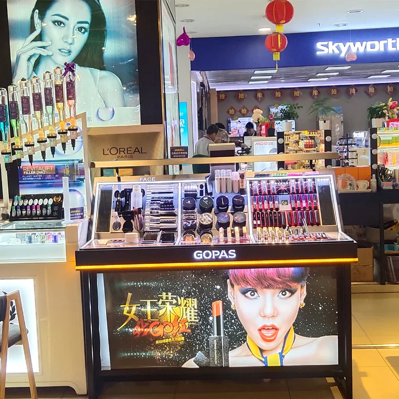 Store Layout Equipment Showroom Design Wooden Showcase Makeup Floor Stand Kiosk Cosmetic Display Rack