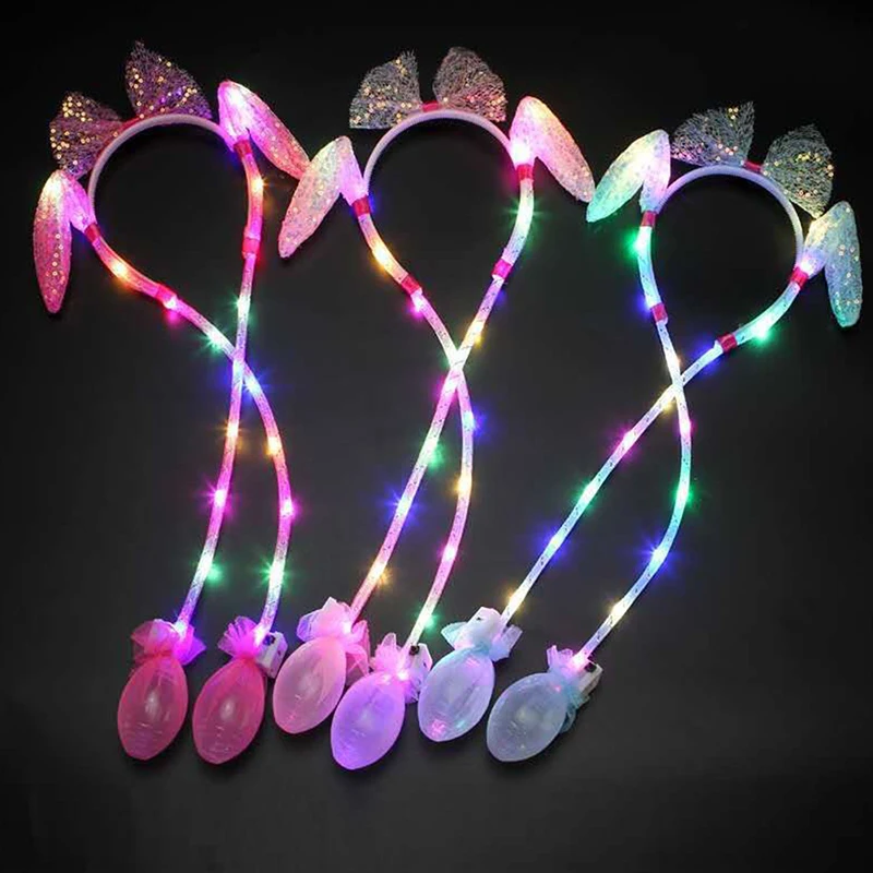 Cute LED Glowing Ear Hat Sequin Lace Headband Air Bag Can Moving Rabbit Ears Toy Hair Hoop Party Photo Props Sweet Headwear Gift