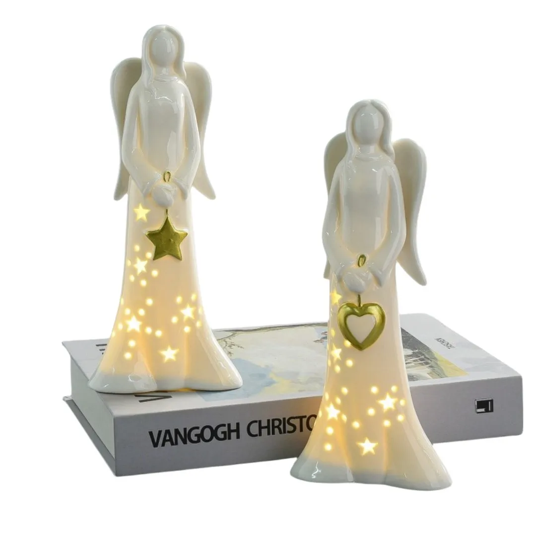 Small Ceramic Angels With Led Lighted White Ceramic Christmas Angel Figures