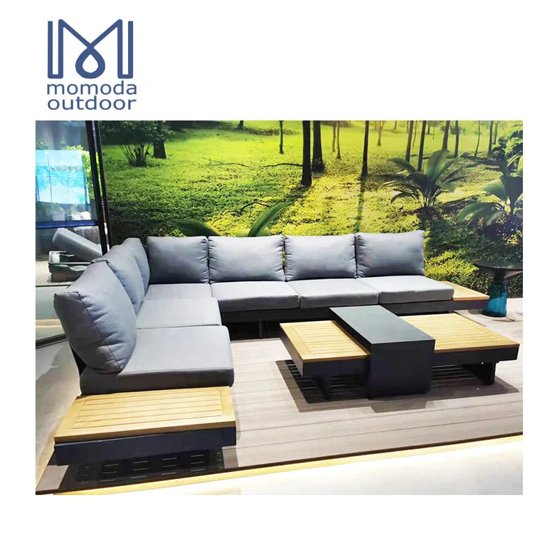 all weather European modern living room outdoor furniture grey fabric sectional corner modular garden patio sofas set