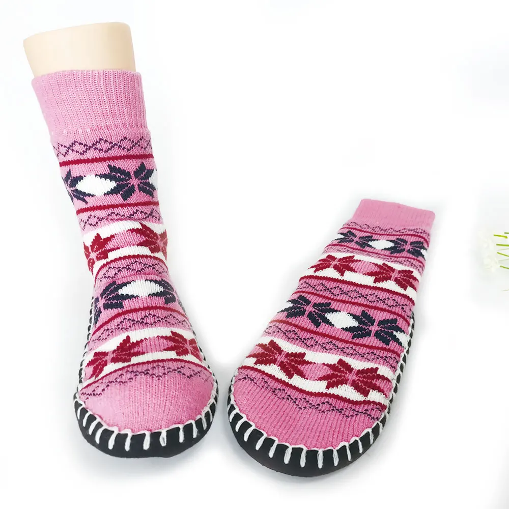 custom adult pink snowflake sock shoes cotton ladies home Shoes indoor with Rubber calcetines women Sole thermal non-slip socks