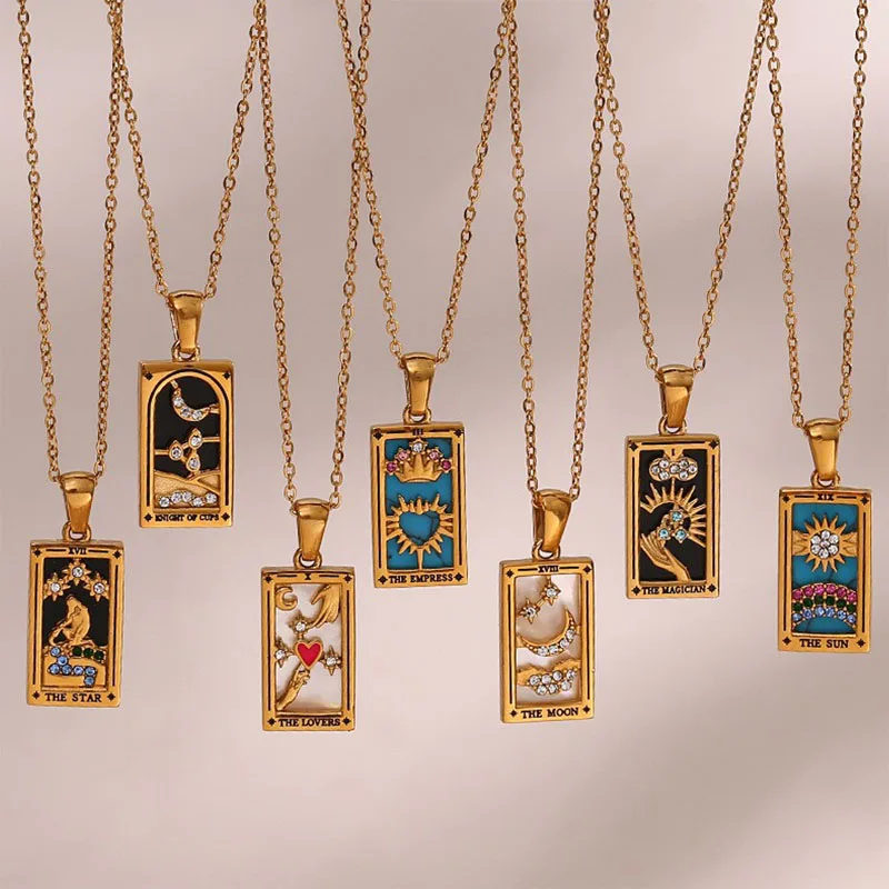 Fashion Square Colorful Enamel Zircon Tarot Cards Pendant Necklace 18K Gold Plated Stainless Steel Necklaces Jewelry  For Women