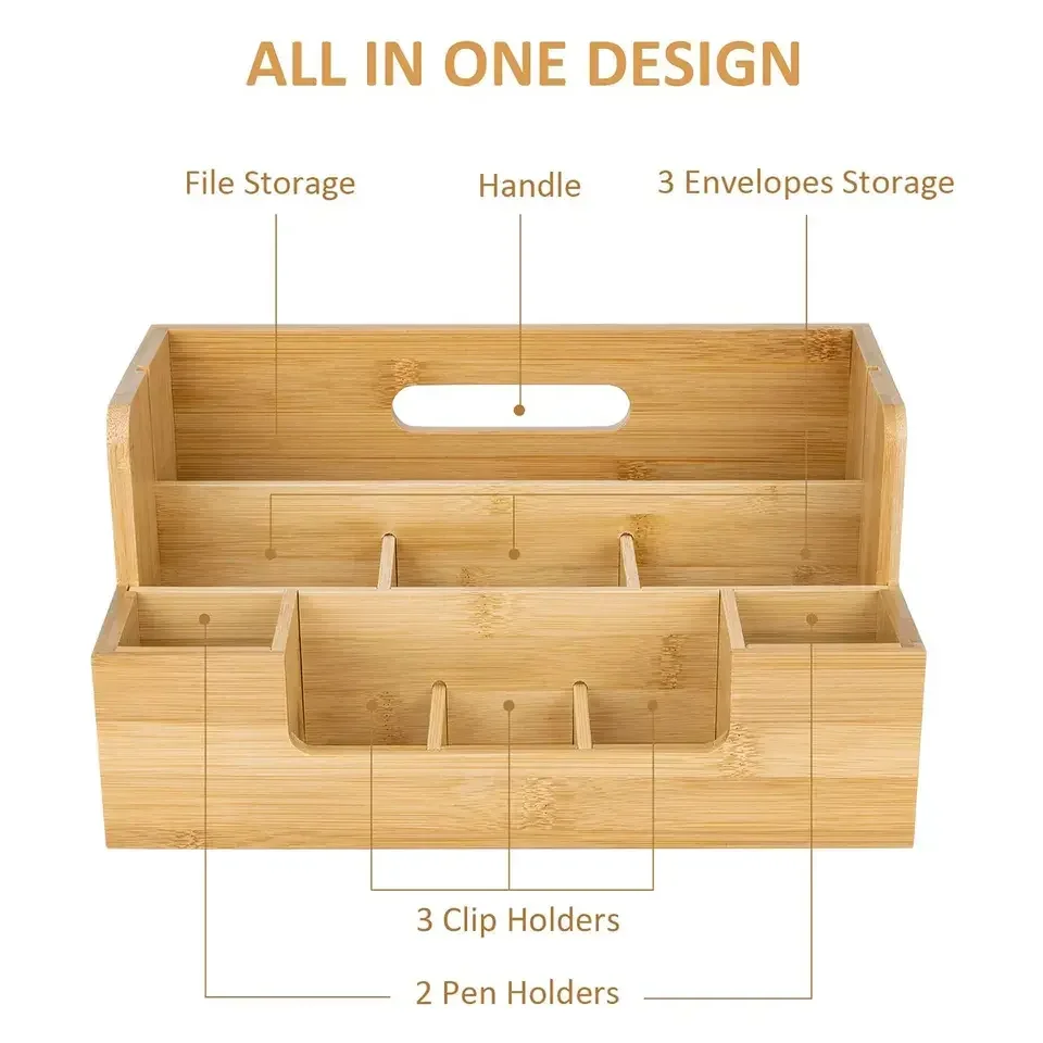 Natural Bamboo adjustable Organizer with 9 Dividers Bamboo Desk Organizers Set Accessories Storage Desktop Table Supplies