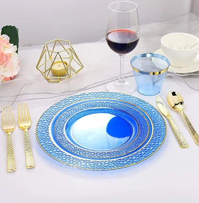 150PCS Clear Blue Plastic Plates with Gold Rim Gold Plastic Silverware-Disposable Wedding  Blue Plates