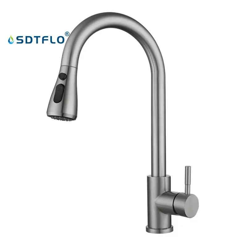 High-Quality Single Pull out Kitchen Faucet Hot and Cold Rotatable Matte Black 304 Stainless Steel Faucet