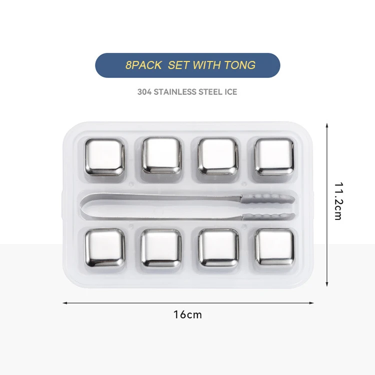 Reusable Whisky Chilling Rocks Metal Stainless Steel Ice Cubes Set of 8 with Tongs and Tray