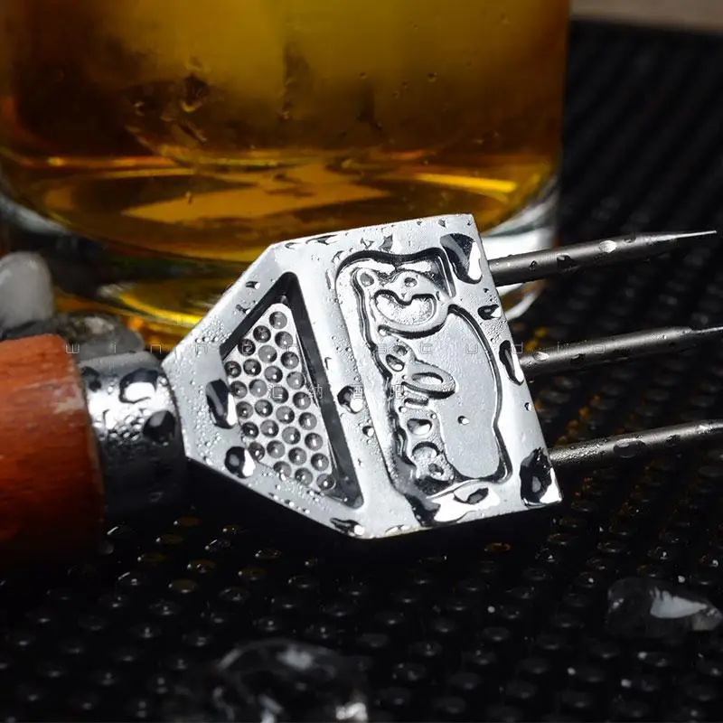 Ice Chipper Trident Bar Accessories Chiseling Ice Hockey Balls Kitchen Tool Stainless Steel Ice Pick with Wooden Handle