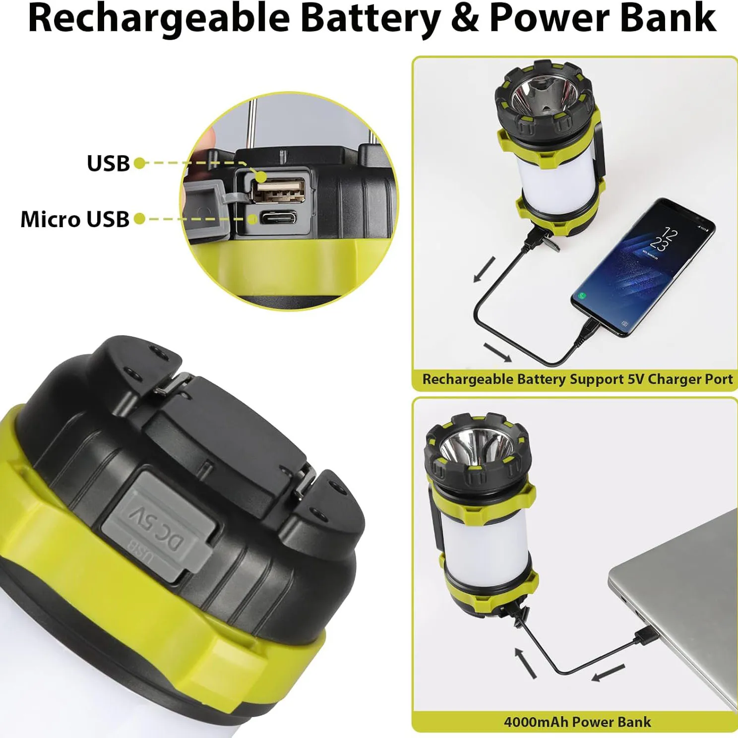 Camping Lantern, Outdoor Led Camping Lantern, Rechargeable Flashlights with 1000LM, 6 Modes, 4000mAh Power Bank