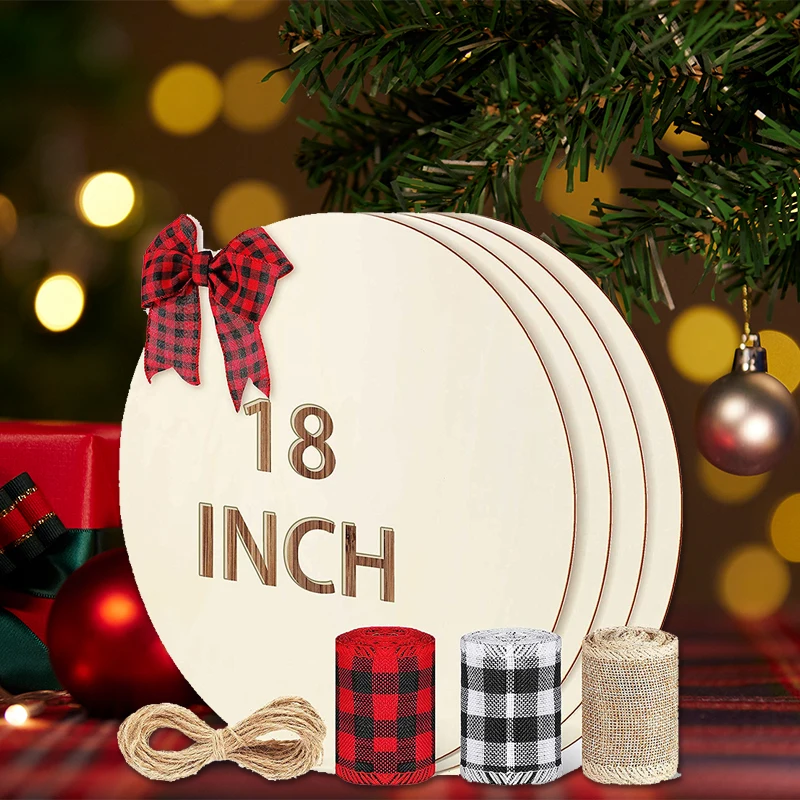 Wooden round unfinished country round wooden hollow blank card decorated with DIY crafts at Christmas.