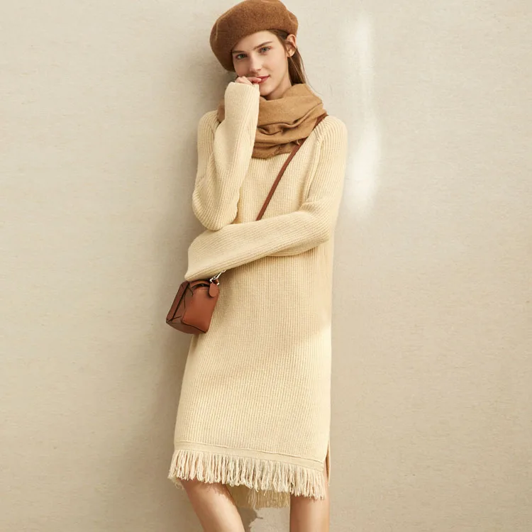 Custom Winter Warm Young Girl Straight Knitted Sweater Dress with Fringe